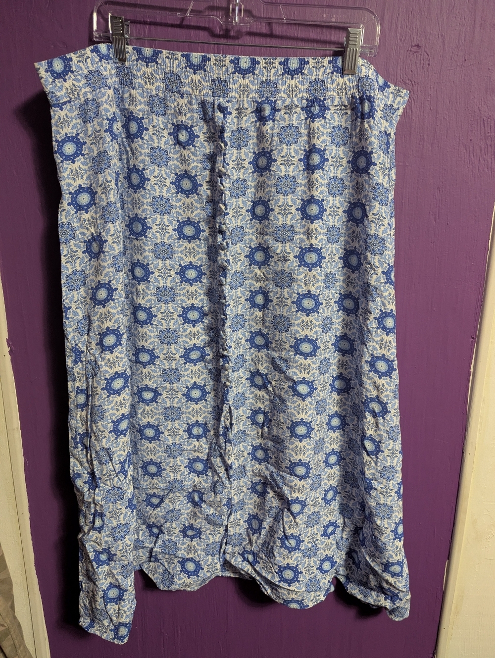 💜 Loft White Blue Floral Decor Button Slit Maxi Stretch Waist Skirt XXL 16 18